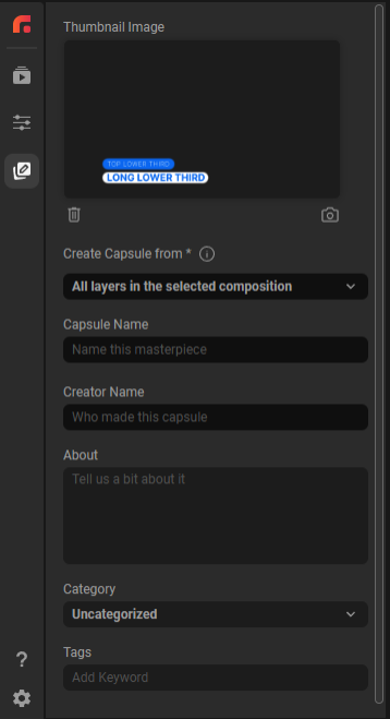 The Capsule Information panel showing the thumbnail box, trashcan and camera icons, Create Capsule from dropdown, and name/creator/about fields.