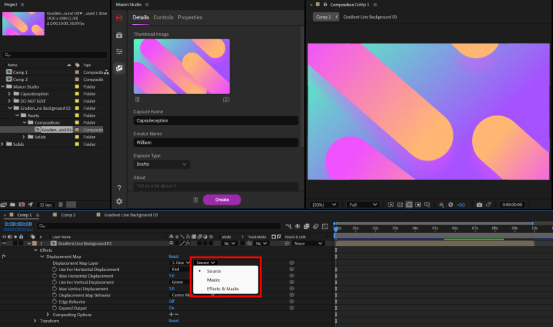 An After Effects effect showing the Sources, Masks, and Effects & Masks pull-down options that Studio Create cannot capture as parameters.
