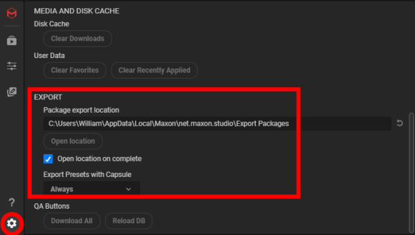 Studio's Settings panel showing the export location field and the Open location on complete option.