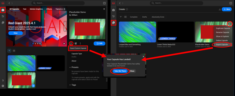Two export entry points shown side by side: the details-area export icon on the Capsules Page and the three-dots menu on the Create Page thumbnail.