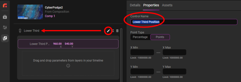 The Groups panel with a pencil icon for renaming a group, alongside the Properties panel's Control Name field for renaming individual parameters.