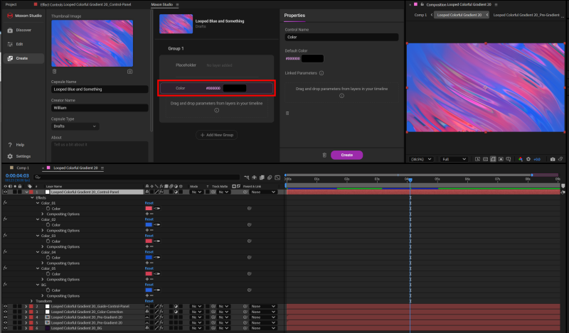 A background capsule with a wavy blue and red gradient selected in the Create Page as the starting point for a Blank Control color demo.
