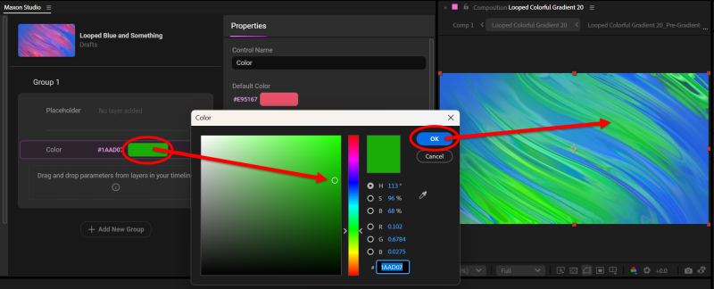 The Blank Control color chip after dragging red layer parameters into the Properties panel — the chip has picked up the red color.