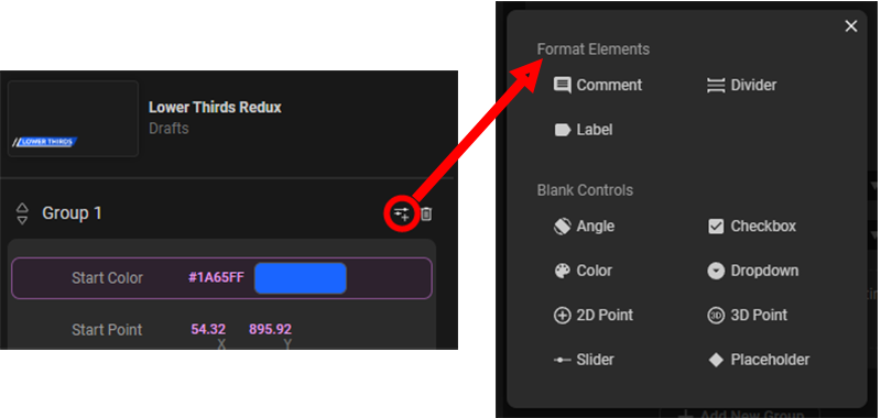 The Format Controls menu open, showing the Format Elements section with comments, dividers, and labels options.
