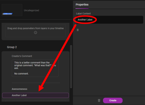 Group 2 in the Properties panel displaying a comment, a divider, and two labels added from the Format Elements menu.