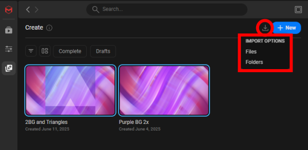 The import icon to the right of the Create Page's find bar, with a Files or Folders menu open for selecting capsules to import.