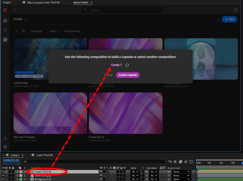 An After Effects setup with the Lower Third 08 layer highlighted but without its comp panel exposed, illustrating why Studio's Refresh can't target that layer.