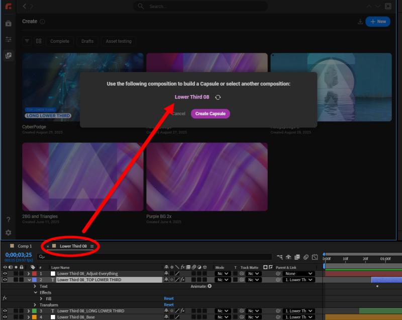 The same After Effects project with the Lower Third 08 comp panel properly exposed, now allowing Studio to refresh and switch to that comp.