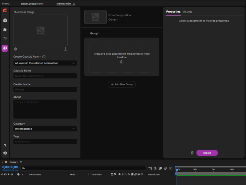 The empty Create Page shown when clicking New with no active After Effects project content, displaying a mostly blank capsule workspace.
