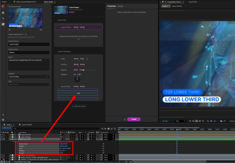 Dragging Universe Gradient Ramp parameters from an After Effects layer into the Group 1 area of the Create Page's Groups panel.