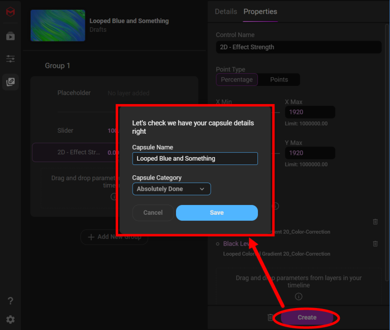 The final save pop-up after clicking Create, prompting for capsule name and category confirmation before writing the capsule to local storage.