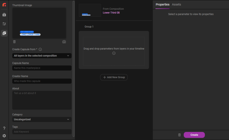 The Create Page after clicking Create Capsule, showing the three-panel workspace with only a comp thumbnail and no parameters yet.