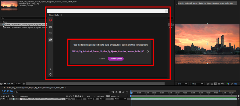 The Create Page with the active After Effects composition automatically selected as the basis for a new capsule.