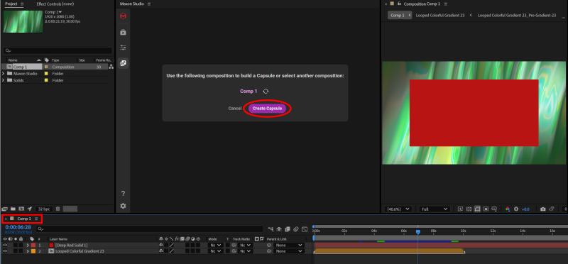 An After Effects comp with a blue background capsule and a red solid layer on top, about to be turned into a placeholder-based capsule.
