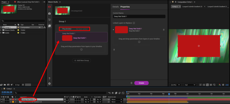 The Placeholder element added from Add Format Controls, with the red solid layer dragged into its parameter slot in the Groups panel.