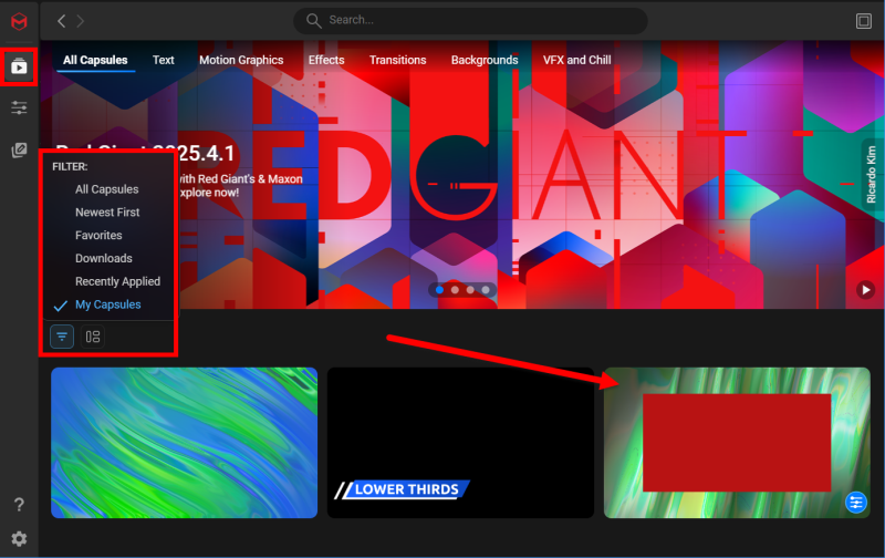 The Capsules gallery with a filter applied, showing the newly saved placeholder capsule among the results.