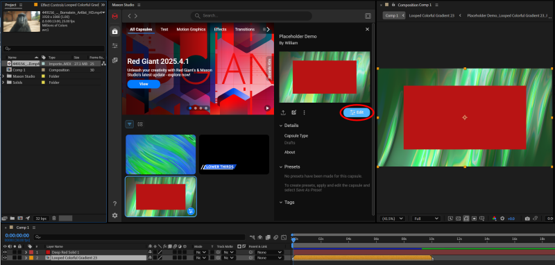 A new After Effects comp with the placeholder capsule applied and a video clip imported, ready to fill the placeholder by clicking Edit.