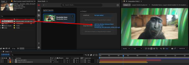 The Edit Page with a video asset dragged into the red layer's parameter slot in Group 1, replacing the placeholder content.