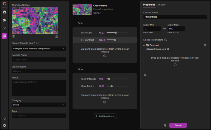 The Create Page interface in Maxon Studio showing its three panels: Capsule Information on the left, Groups in the center, and Properties on the right.