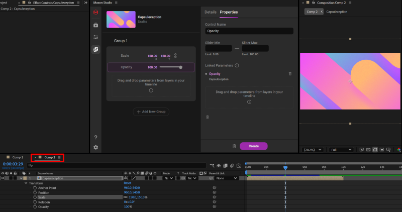 A new After Effects comp containing the capsule copy as its only layer, ready for further modification and saving as a new capsule.