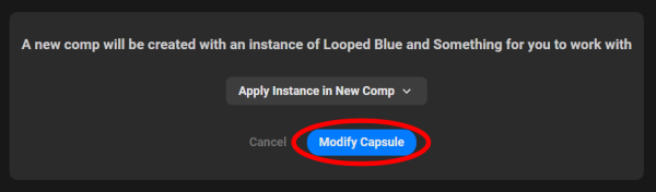 A modification pop-up showing only the Apply Instance in New Comp option because the original project file isn't available.