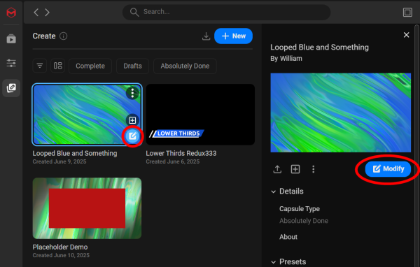 The Modify button on a custom capsule, accessible from either the gallery thumbnail or the capsule's details panel.