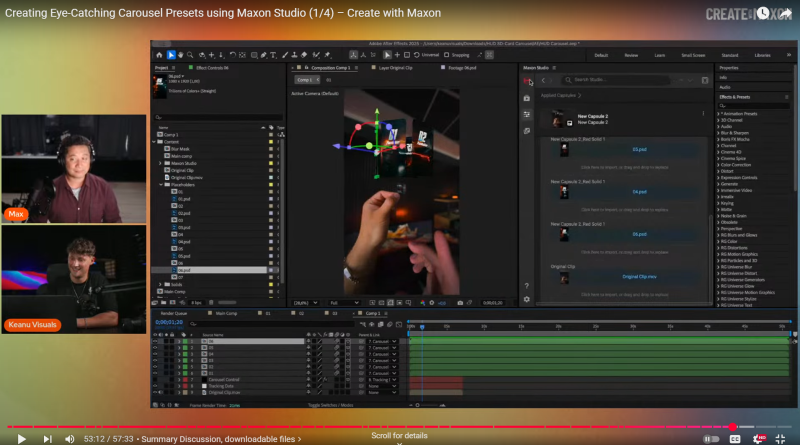 A thumbnail link to the Maxon Red Giant YouTube channel's tutorial on creating carousel presets with Studio.