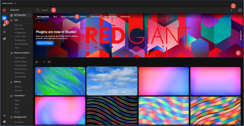 The Capsules Page with its six main areas labeled: Capsules tab, Back/Forward, Search bar, Categories, Banners, and capsule gallery.