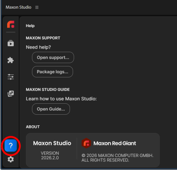 Studio's Help page with Open support..., Package logs..., and Open Guide buttons visible.
