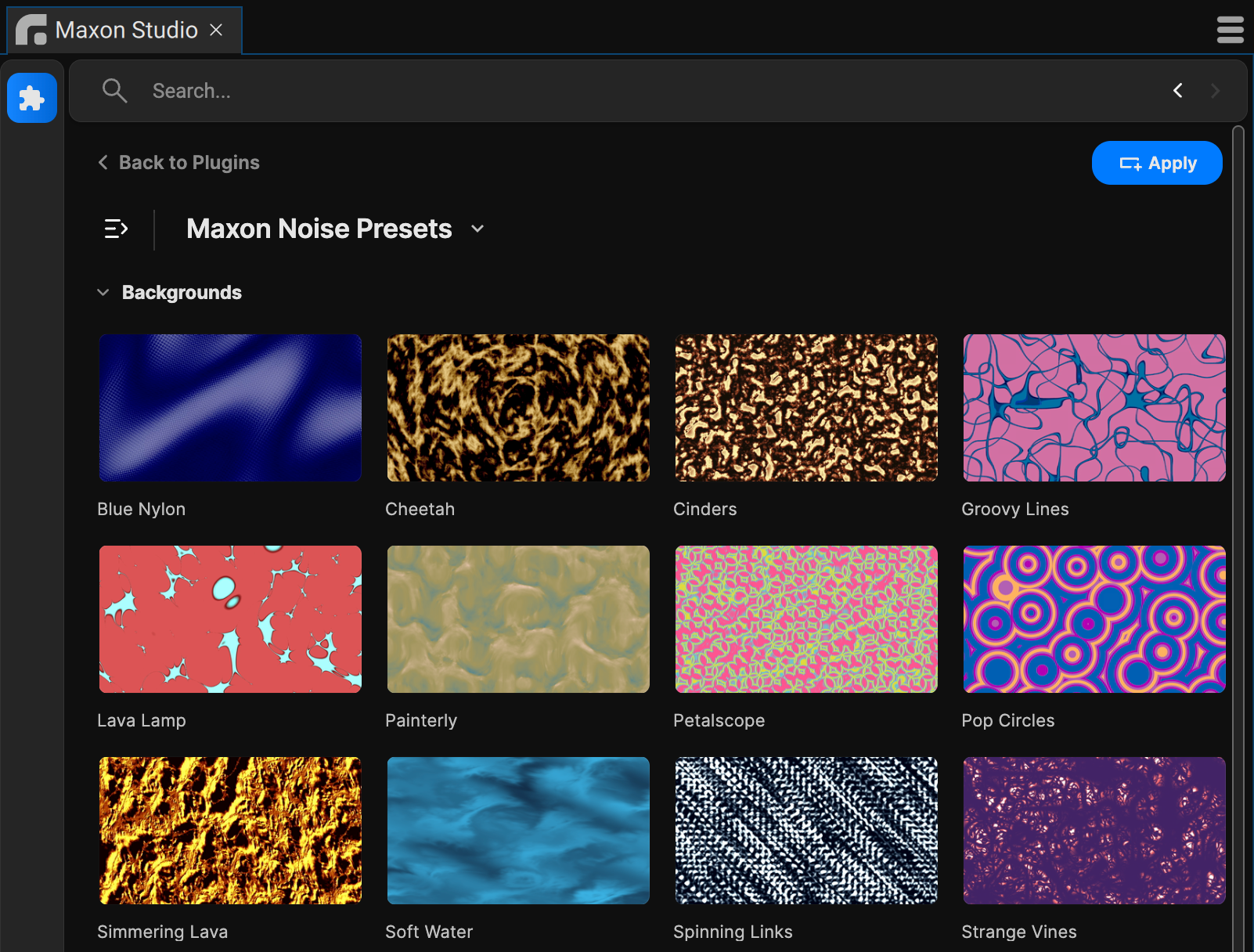 The default preset patterns that ship with Maxon Noise