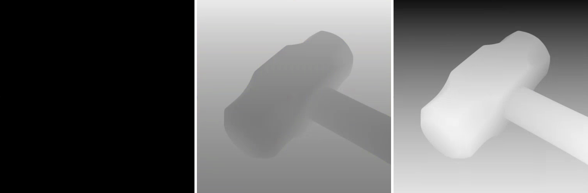 An EXR depth pass as imported (left), with its depth channel extracted (center), and inverted and adjusted so near areas are white (right)