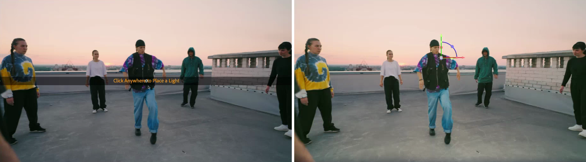 The banner after you click Place Point Light (left), and the light placed on the subject (right)