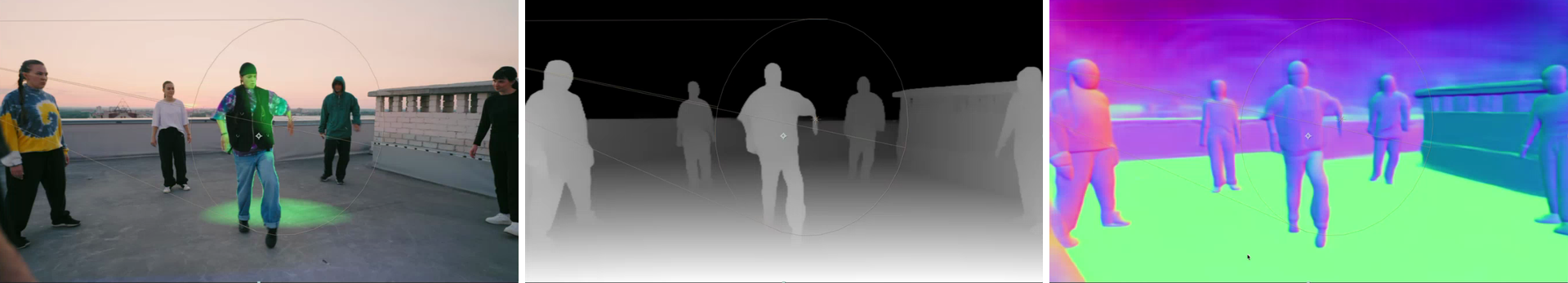 Show Pass set to Final (left), Depth (center), and Normal (right)