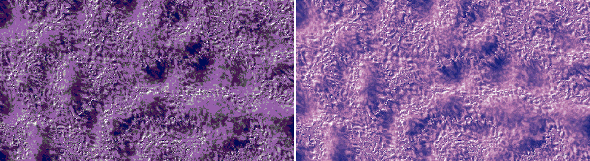 Posterize Color on, with Color Steps at 3 (left) and 15 (right). Fewer steps give flatter, poster-like bands of color. The noise is in Tritone mode with white highlights, pink midtones, and dark blue shadows.