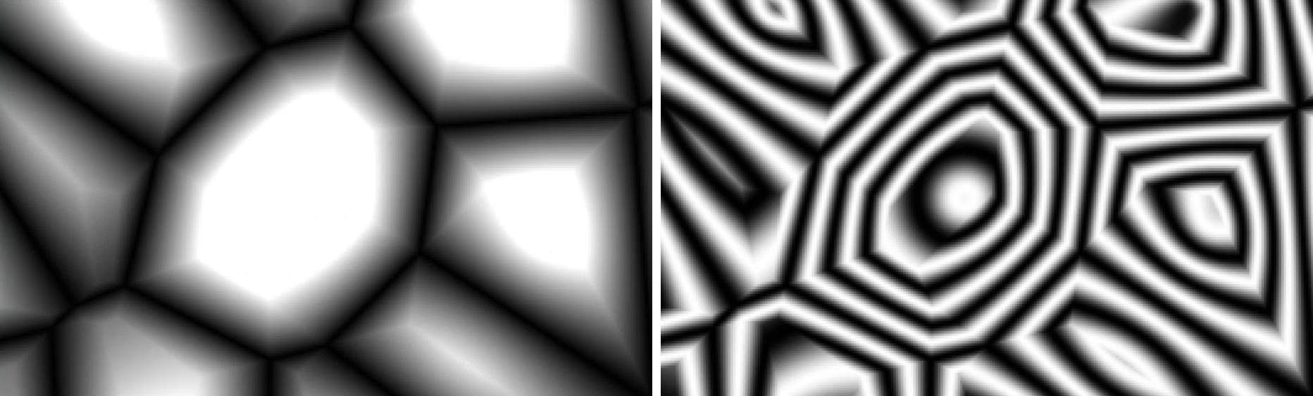 The Voronoi 3 pattern with Cycles at 0 (left) and 1.8 (right). Cycles repeats each cell's outline inside itself.