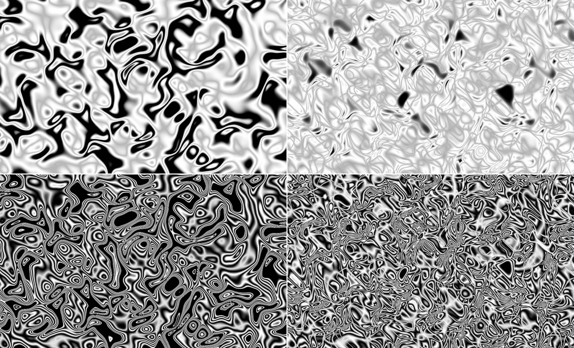 The Zada pattern. Top left: Complexity 1, Cycles 1. Top right: Complexity 5, Cycles 1. Bottom left: Complexity 1, Cycles 5. Bottom right: Complexity 5, Cycles 5.