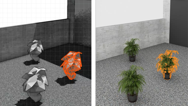 Comparison between Redshift assets in the Redshift viewer and their proxy representations in Vectorworks.
