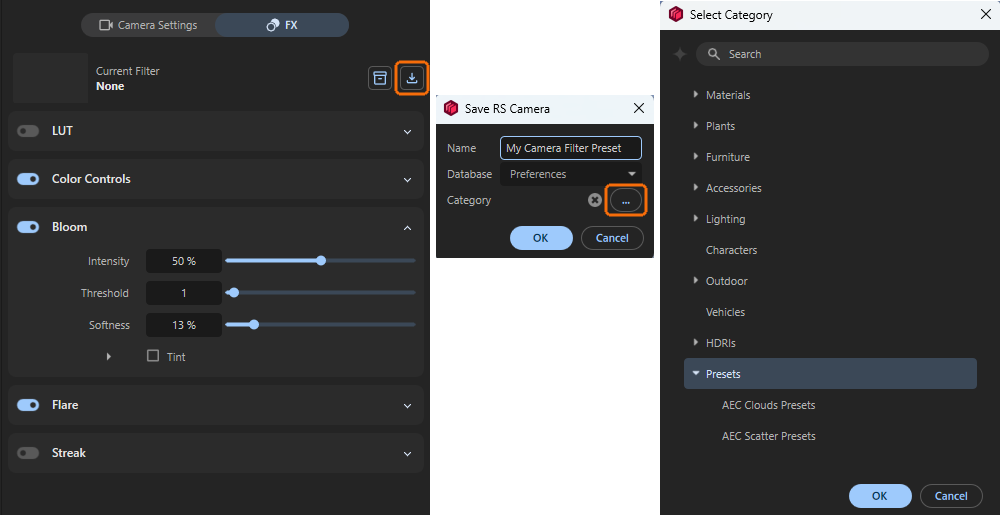 Settings for color corrections and for lens FX can be saved as presets. This figure shows the dialogs offered to give a name to such a preset and to set the desired category to such presets in the Library Browser.