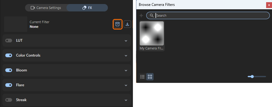 Using the Library button shows the stored FX presets and allows to load from them.