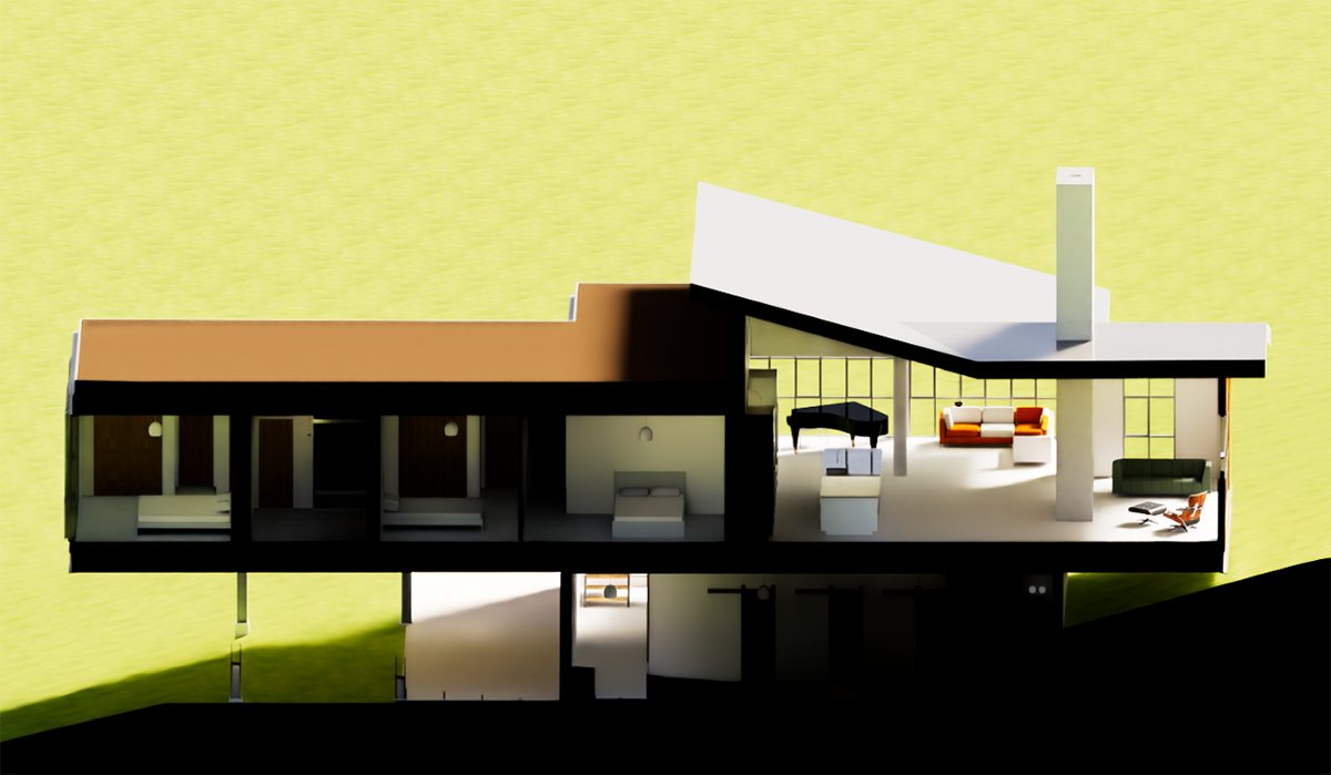 Placing a camera inside a room first and then switching to 'Orthographic' mode, all elements behind the camera are not rendered. This can be used for simple cuts through geometry in some cases.