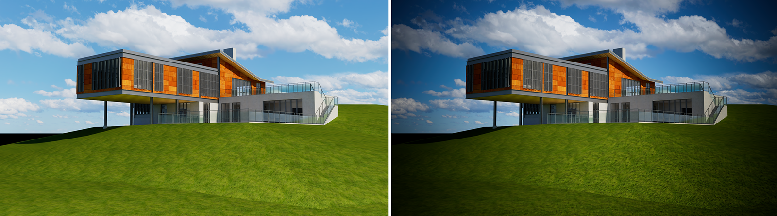Example images of the Vignetting effect on renderings. A rendering without vignette on the left, with vignette on the right.