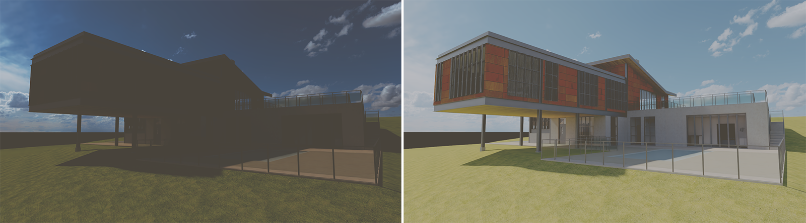 An example showing a dark rendering with an applied LUT. One version shows the result without log space conversion of the rendering and the other versions shows the result, if log space conversion got applied before the LUT.