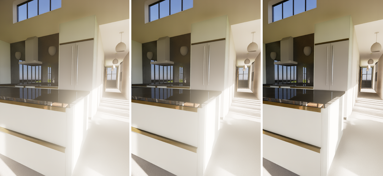 Render comparison between increasing 'Threshold' values for the Bloom effect.