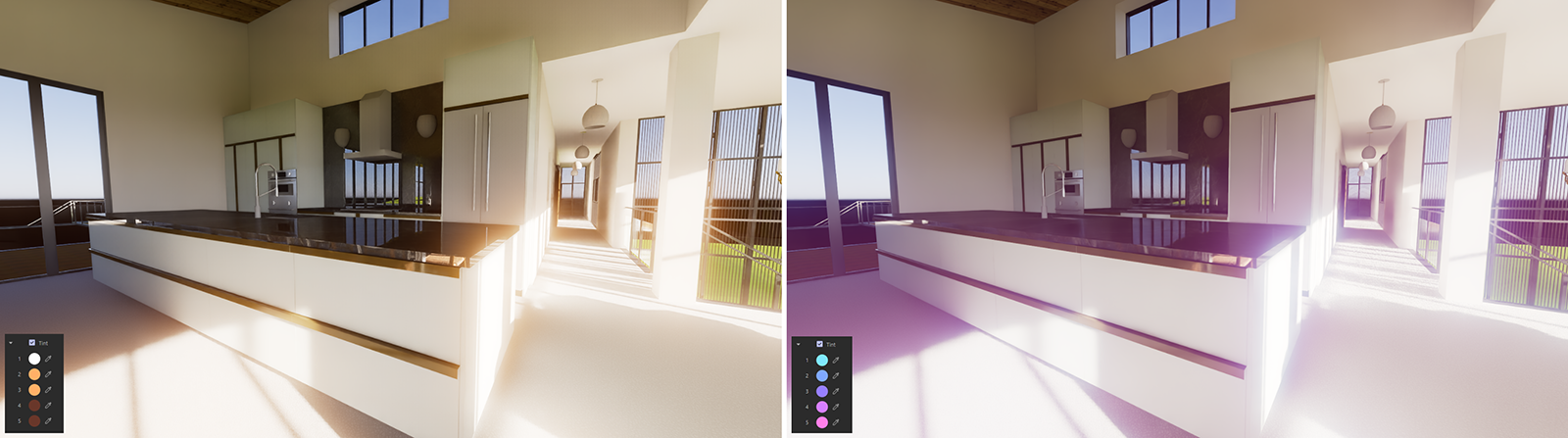 Two examples using different 'Tint' colors for the 'Bloom' render effect.