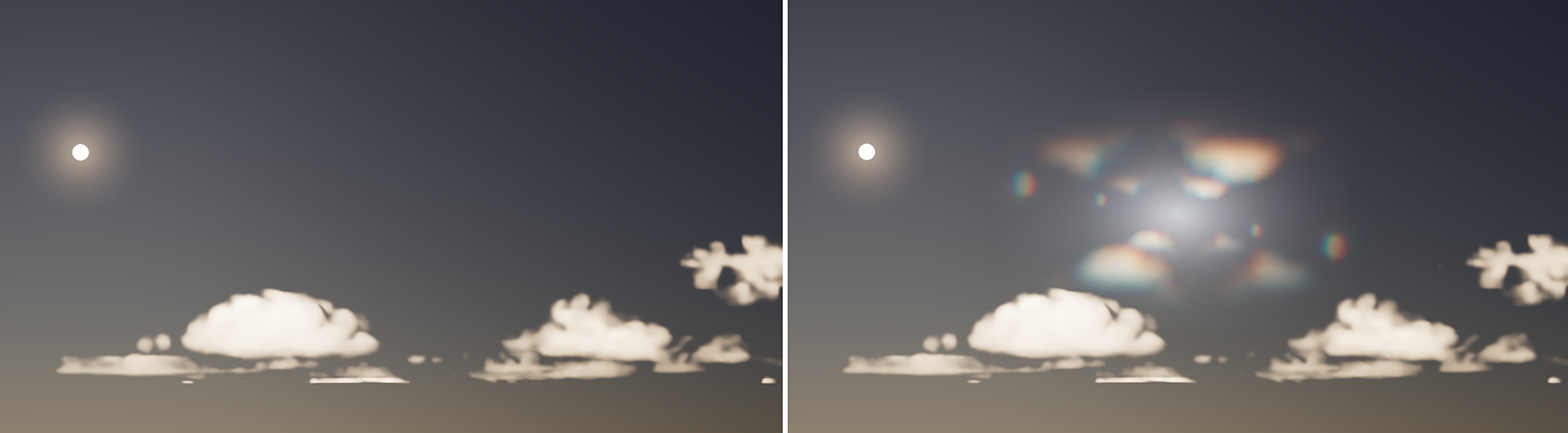 Example of a sun lit reflective materials with and without a 'Streak' effect.