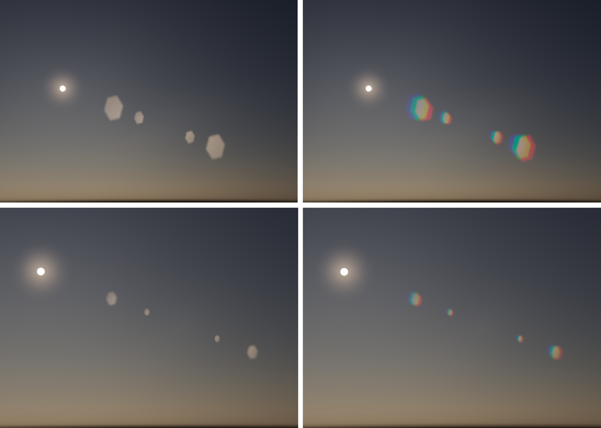 Examples of sun renderings with and without 'Chromatic' for the 'Flare' effect.