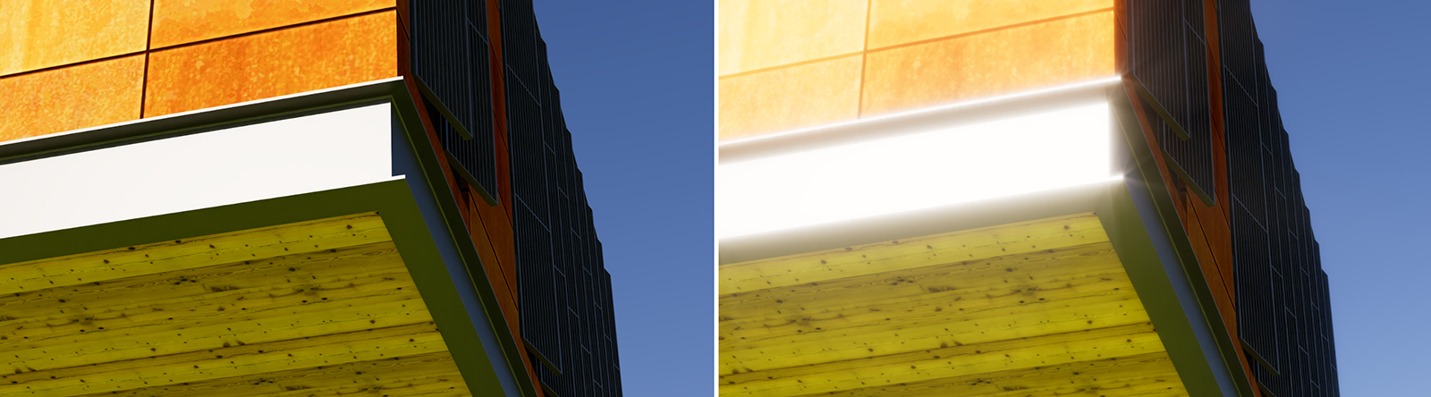 Example of a sunlit reflective materials with and without a 'Streak' effect.