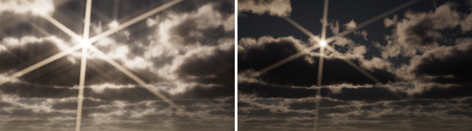 Examples of different 'Threshold' values for the 'Streak' effect. With hiher 'Thresholds' only very bright pixels are able to show streaks.