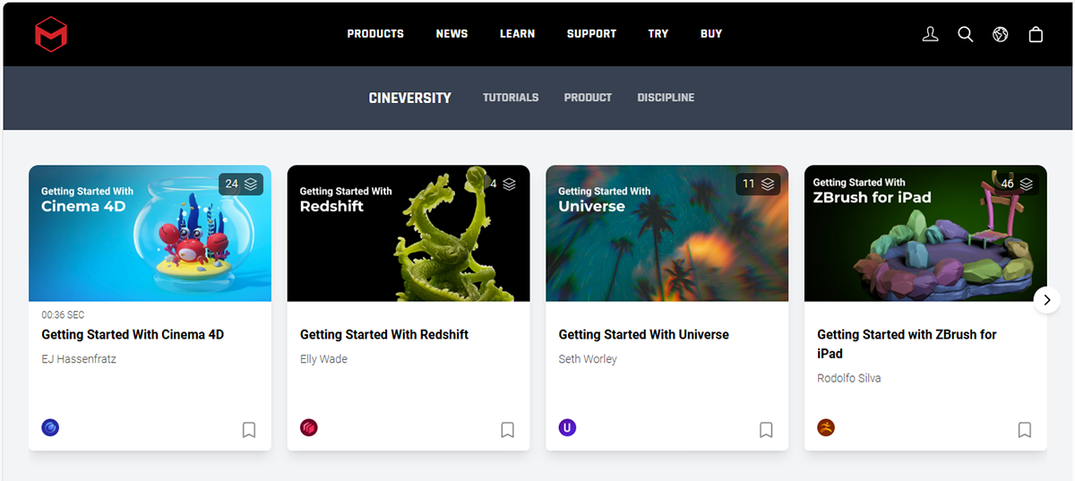 Screenshot of the Cineversity starting page, offering additional training videos for all Maxon products.