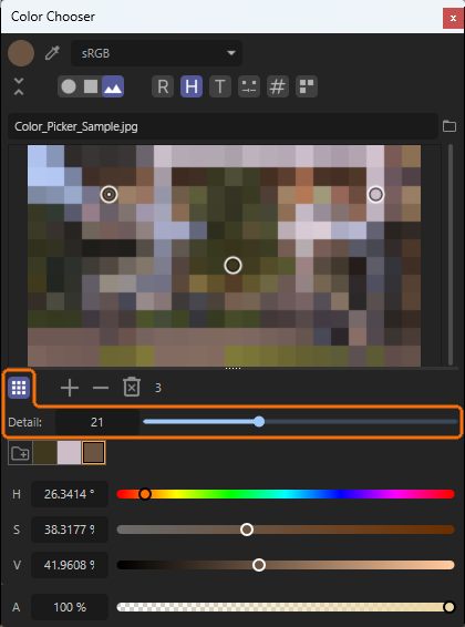 In 'Mosaic Mode', the loaded bitmap image can be used in a simplified display for color sampling.